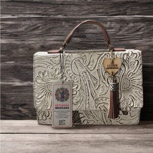 Cream and Brown Satchel with Artistic Design